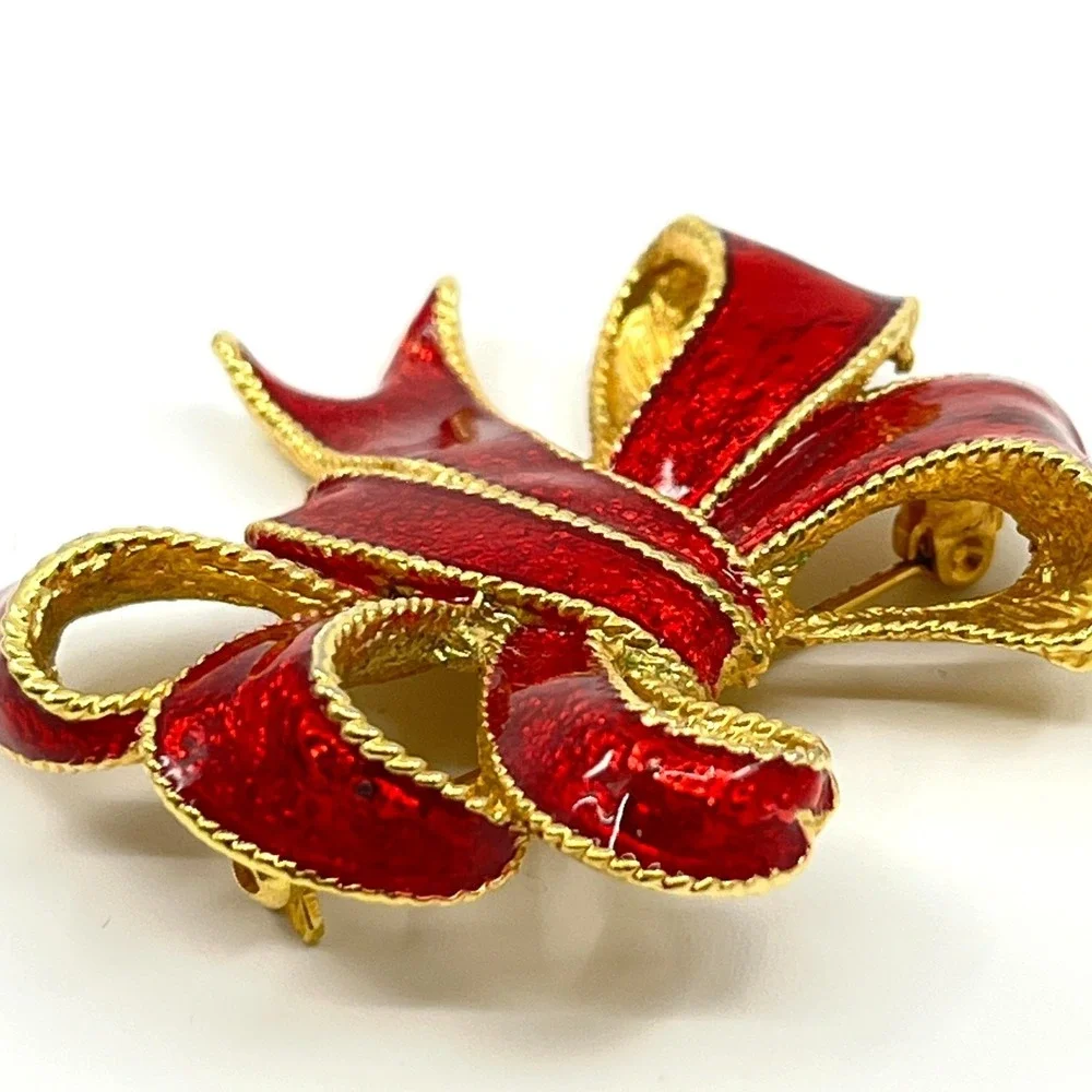 Vintage AJC Red Enamel Bow Brooch, Gold Tone Textured Holiday Ribbon Pin Classic